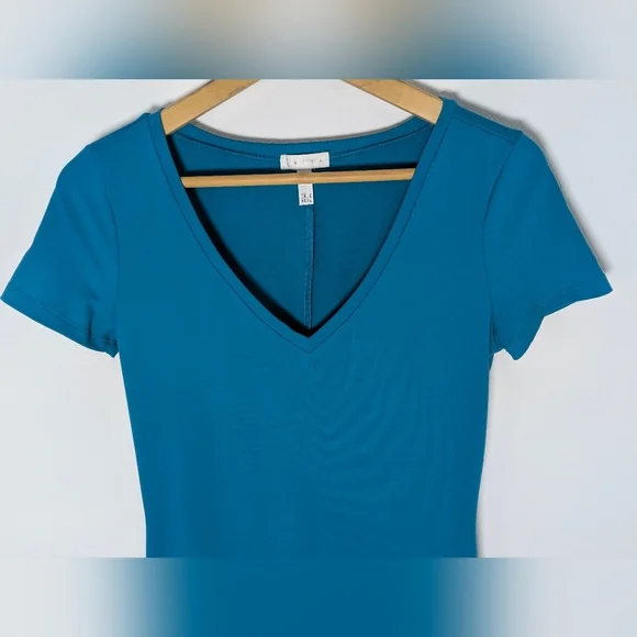 Leith New Teal Bodycon Midi Dress Stretchy V-neck Size S Short Sleeve Preppy - Picture 2 of 7